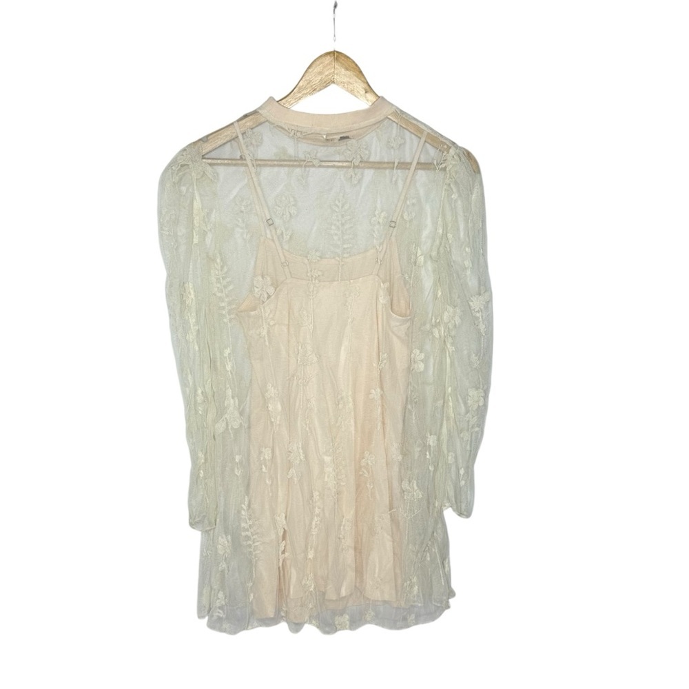 Free People Cecelia Sheer Lace Mini Dress pale pink/ ivory small - Picture 5 of 13